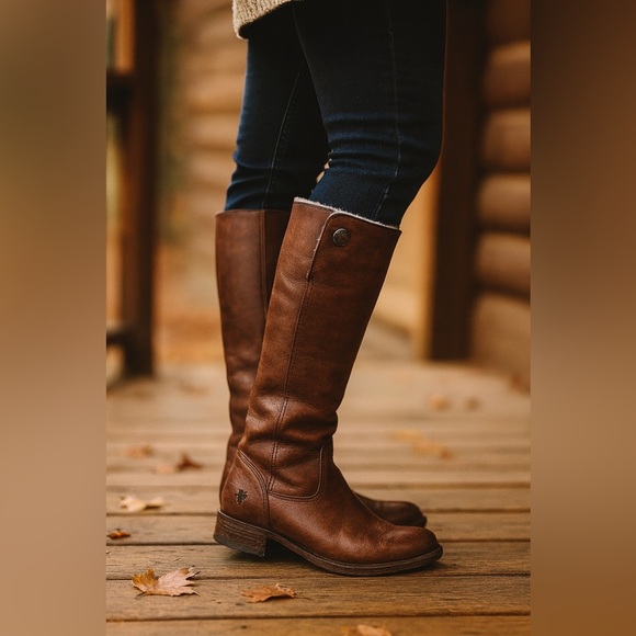 EUC FRYE Mara Button Tall Shearling Lined Chocolate Brown Leather Boots - Picture 16 of 16
